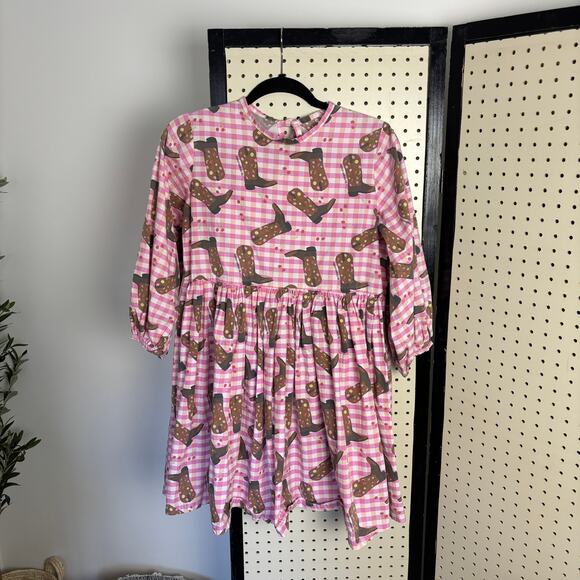 NWOT Megan Crosby Lila Cowboy Dress Pink Gingham Mini Puff-Sleeve Boot-Print - Picture 2 of 9